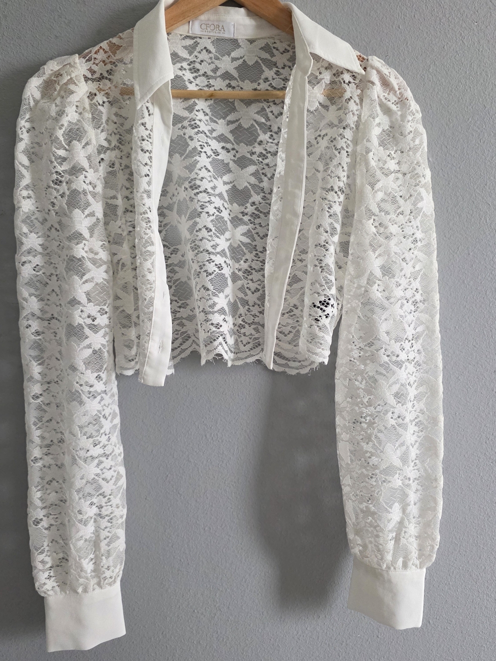 White Lace Long-Sleeve Cropped Blouse